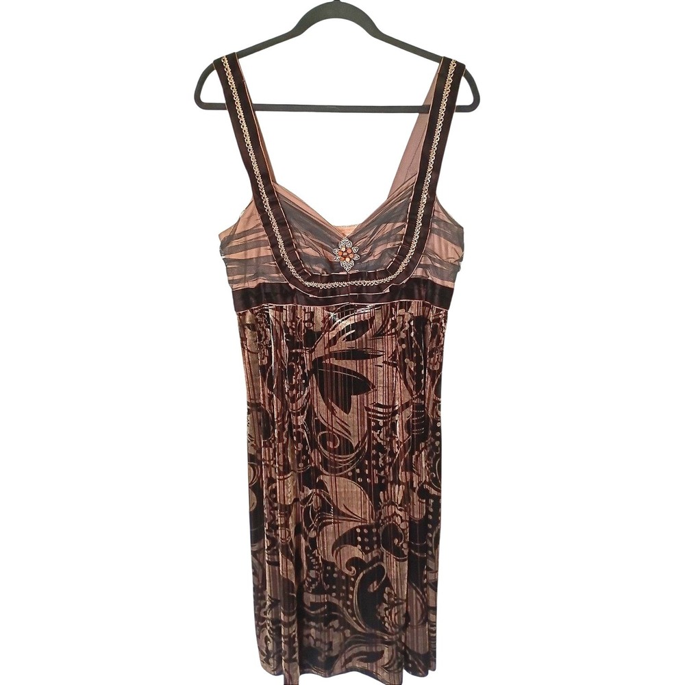 Vintage Mixit Brown Burnout Velvet Floral Paisley V-Neck Cocktail Dress Broach
